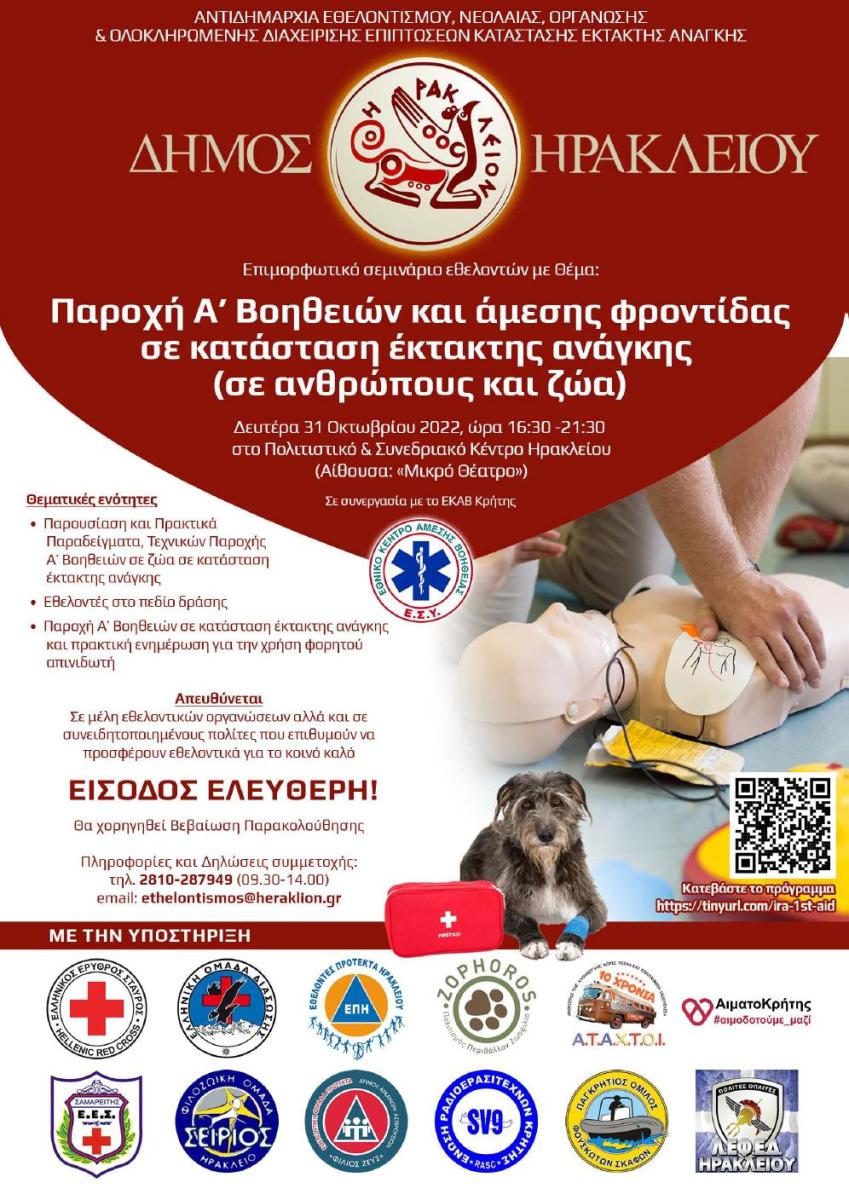 Διοργάνωση Επιμορφωτικού σεμιναρίου εθελοντών με θέμα: «Παροχή Α΄ Βοηθειών και άμεσης φροντίδας σε κατάσταση έκτακτης ανάγκης» 3 Διοργάνωση Επιμορφωτικού σεμιναρίου εθελοντών με θέμα: «Παροχή Α΄ Βοηθειών και άμεσης φροντίδας σε κατάσταση έκτακτης ανάγκης»