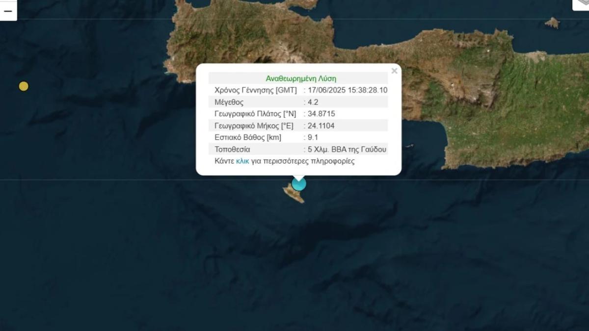Ισχυρός σεισμός στα νότια της Κρήτης - Ξεπέρασε τα τέσσερα ρίχτερ η δόνηση