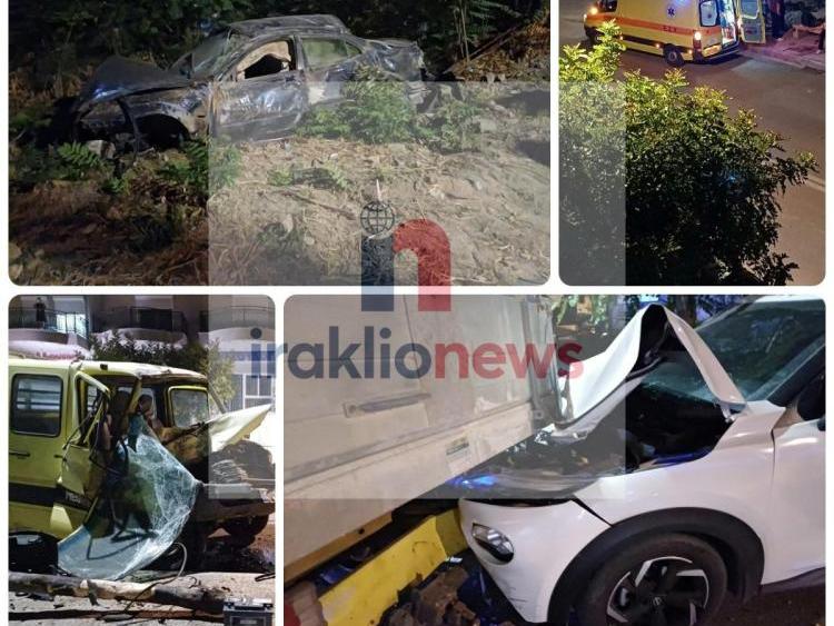 Ηράκλειο: Σοβαρό τροχαίο τα ξημερώματα με 3 τραυματίες - Επιβατηγό έπεσε σε άλλα δύο οχήματα (vid+pics)