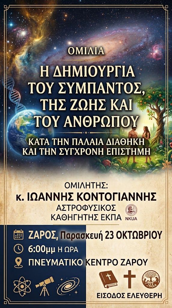 Ζαρός: Η δημιουργία του Σύμπαντος μέσα από τη Βίβλο και την επιστήμη – Ομιλία αστροφυσικού του ΕΚΠΑ 1 Ζαρός: Η δημιουργία του Σύμπαντος μέσα από τη Βίβλο και την επιστήμη – Ομιλία αστροφυσικού του ΕΚΠΑ
